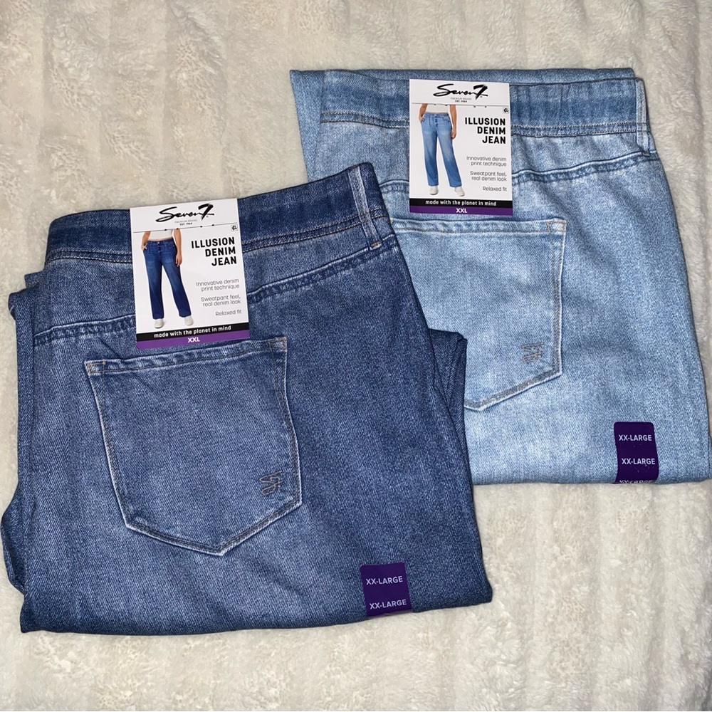 Two NWT SEVEN7 Denim-look Illusion Relaxed Fit pull-on Pants XXL Digital Print